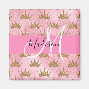 Glam Rosa & Guld Glitter Sparkles Krona Monogram Magnet