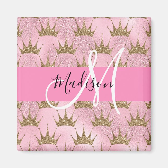 Glam Rosa & Guld Glitter Sparkles Krona Monogram Magnet (Framsidan)