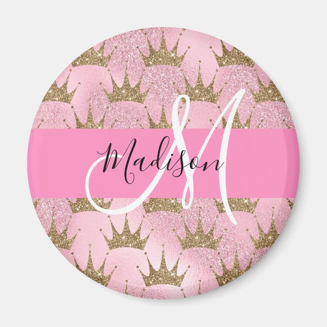 Glam Rosa & Guld Glitter Sparkles Krona Monogram Magnet (Framsidan)
