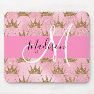 Glam Rosa & Guld Glitter Sparkles Krona Monogram Musmatta