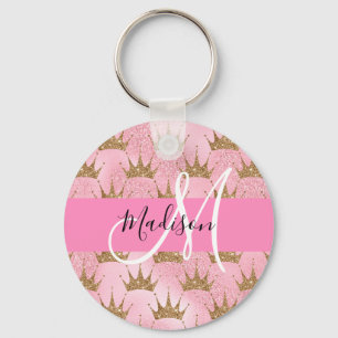 Glam Rosa & Guld Glitter Sparkles Krona Monogram Nyckelring