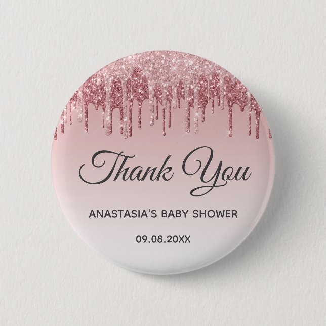 Glam  Rosa Guld Glitter Tack Baby Shower Knapp (Framsida)