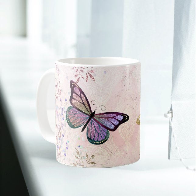 Glam Rosa Guld Lila Butterflies Kaffemugg (Skapare uppladdad)