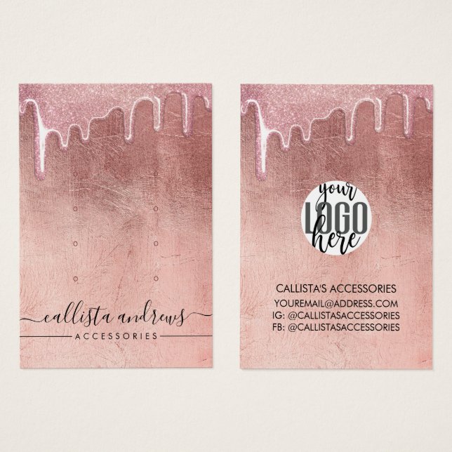 Glam Rosa Guld Tjock Glitter Drippar Logo Örhänge Visitkort (Framsida & baksida)