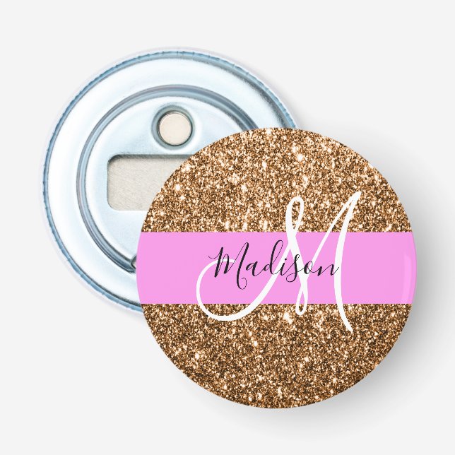 Glam Rosa & Koppar Glitter Gnistringar Monogram Na Flasköppnare (Framsidan)