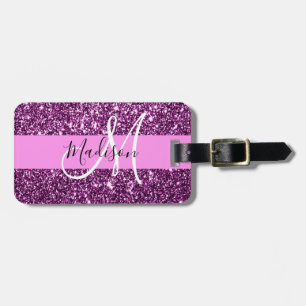 Glam Rosa & Lila Glitter Sparkles Monogram Namn Bagagebricka