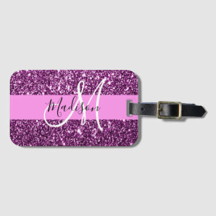 Glam Rosa & Lila Glitter Sparkles Monogram Namn Bagagebricka