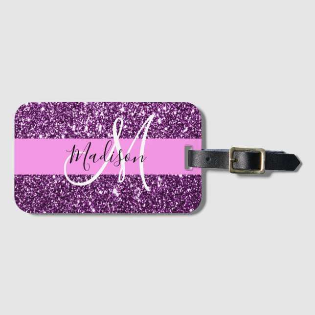 Glam Rosa & Lila Glitter Sparkles Monogram Namn Bagagebricka (Framsida horisontal)