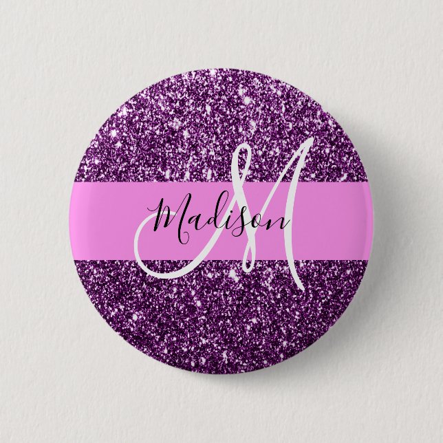Glam Rosa & Lila Glitter Sparkles Monogram Namn Knapp (Framsida)