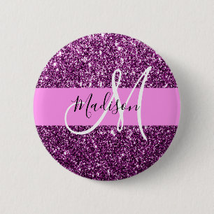Glam Rosa & Lila Glitter Sparkles Monogram Namn Knapp