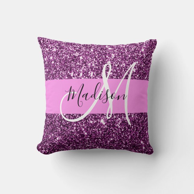 Glam Rosa & Lila Glitter Sparkles Monogram Namn Kudde (Framsida)