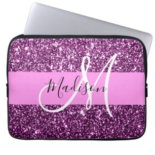 Glam Rosa & Lila Glitter Sparkles Monogram Namn Laptop Fodral