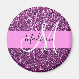 Glam Rosa & Lila Glitter Sparkles Monogram Namn Magnet