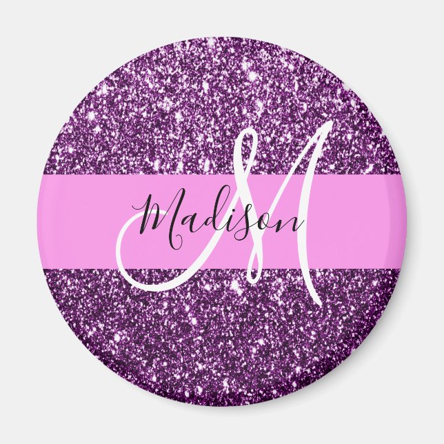 Glam Rosa & Lila Glitter Sparkles Monogram Namn Magnet (Framsidan)