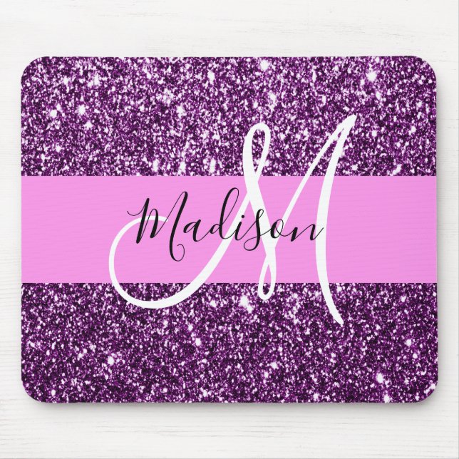 Glam Rosa & Lila Glitter Sparkles Monogram Namn Musmatta (Framsidan)