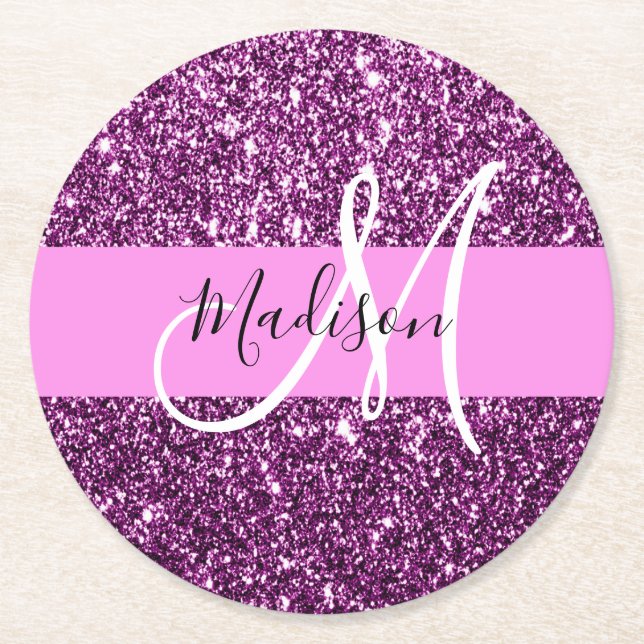 Glam Rosa & Lila Glitter Sparkles Monogram Namn Underlägg Papper Rund (Framsidan)