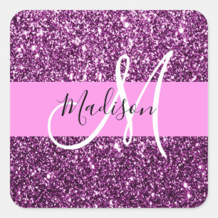 Glam rosa & lila glittergnistande monogramnamn fyrkantigt klistermärke
