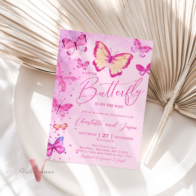 Glam Rosa Little Butterfly Baby Shower-inbjudan Inbjudningar (Skapare uppladdad)