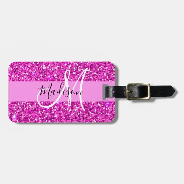 Glam rosa & magenta glitter glitter monogramnamn bagagebricka (Horisontell Framsida)