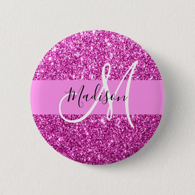 Glam Rosa & Magenta Glitter Glitter Monogramnamn Knapp (Framsida)