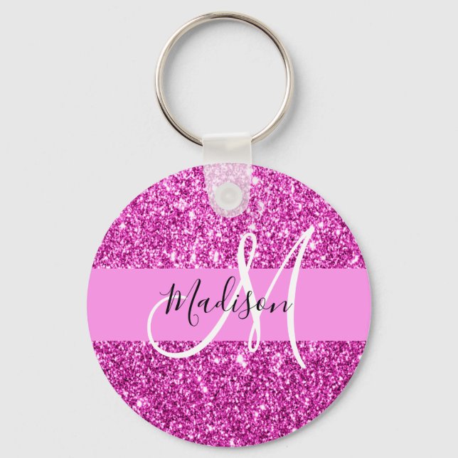 Glam rosa & magenta glitter glitter monogramnamn nyckelring (Framsida)