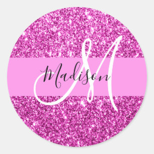 Glam rosa & magenta glitter glitter monogramnamn runt klistermärke