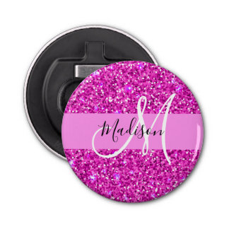 Glam Rosa & Magenta Glitter Gnistra Monogram Namn Flasköppnare