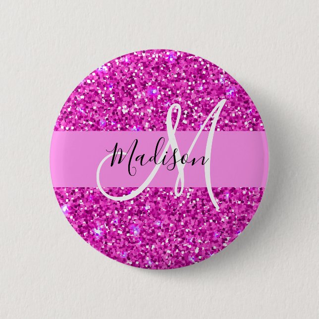 Glam Rosa & Magenta Glitter Gnistra Monogram Namn Knapp (Framsida)