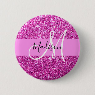 Glam Rosa & Magenta Glitter Gnistra Monogram Namn Knapp