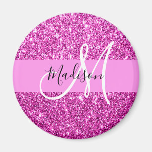 Glam Rosa & Magenta Glitter Gnistra Monogram Namn Magnet