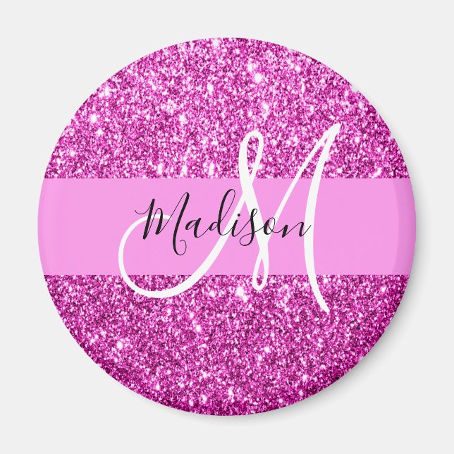 Glam Rosa & Magenta Glitter Gnistra Monogram Namn Magnet (Framsidan)
