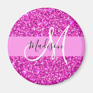 Glam Rosa & Magenta Glitter Gnistra Monogram Namn Magnet