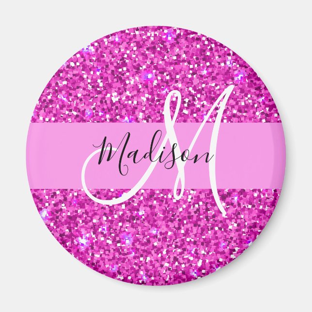Glam Rosa & Magenta Glitter Gnistra Monogram Namn Magnet (Framsidan)