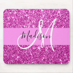 Glam Rosa & Magenta Glitter Gnistra Monogram Namn Musmatta