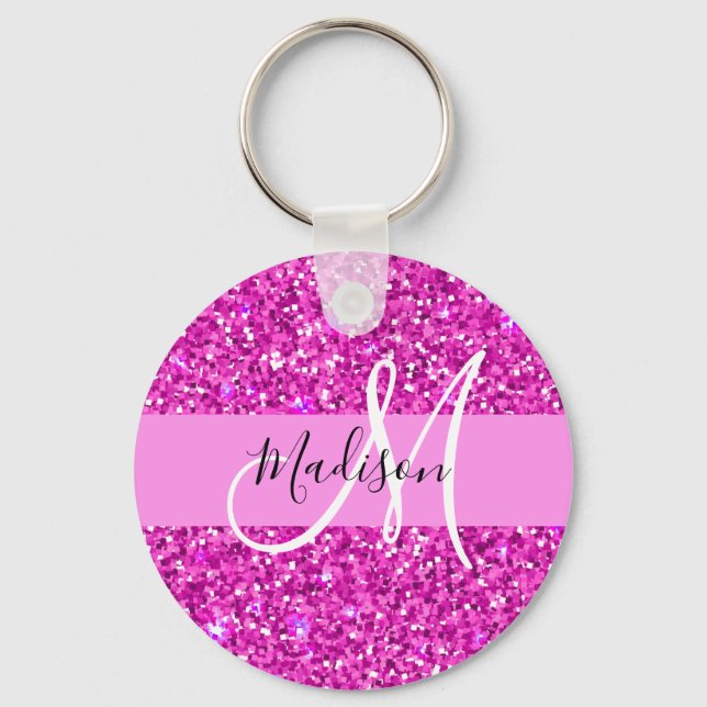 Glam Rosa & Magenta Glitter Gnistra Monogram Namn Nyckelring (Framsida)