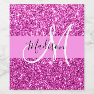 Glam Rosa & Magenta Glitter Gnistra Monogram Namn Vinflaska Etikett