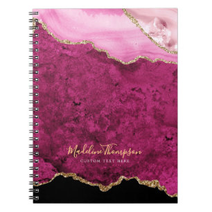 Glam Rosa Magenta Velvet Agat Geod Guldskrift Anteckningsbok