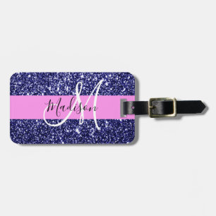 Glam Rosa Navy Blue Glitter Sparkles Namn Monogram Bagagebricka