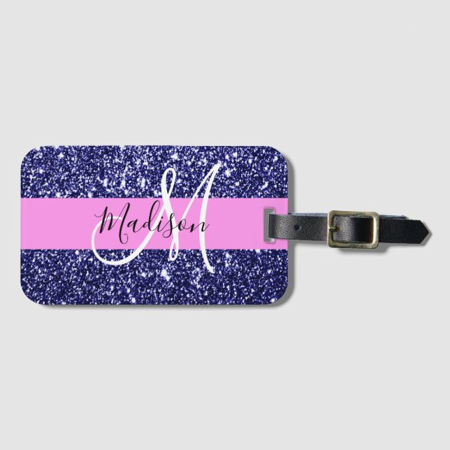 Glam Rosa Navy Blue Glitter Sparkles Namn Monogram Bagagebricka (Framsida horisontal)