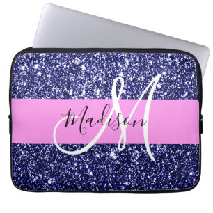 Glam Rosa Navy Blue Glitter Sparkles Namn Monogram Laptop Fodral