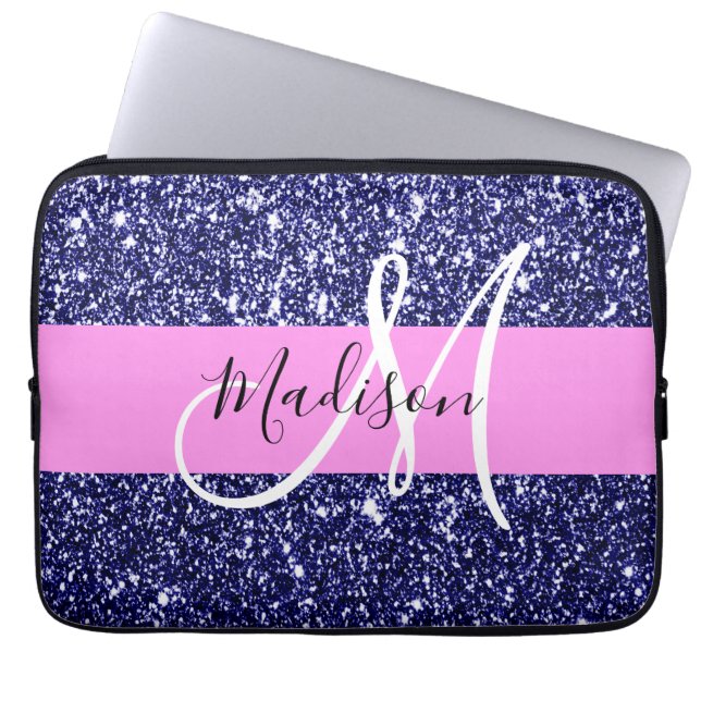 Glam Rosa Navy Blue Glitter Sparkles Namn Monogram Laptop Fodral (Framsidan)