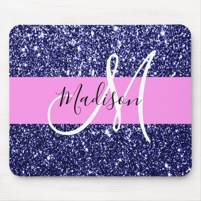 Glam Rosa Navy Blue Glitter Sparkles Namn Monogram Musmatta (Framsidan)