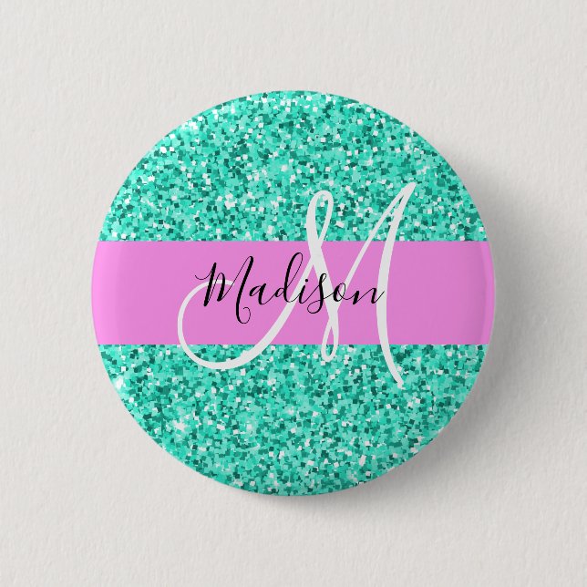 Glam Rosa och Aqua Glitter Sparkles Monogram Namn Knapp (Framsida)