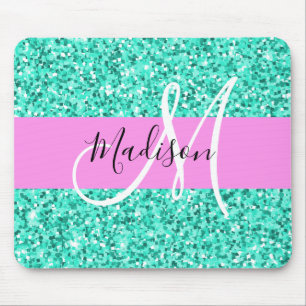 Glam Rosa och Aqua Glitter Sparkles Monogram Namn Musmatta