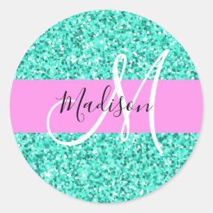 Glam Rosa och Aqua Glitter Sparkles Monogram Namn Runt Klistermärke
