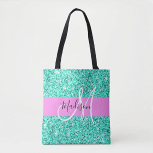 Glam Rosa och Aqua Glitter Sparkles Monogram Namn Tygkasse