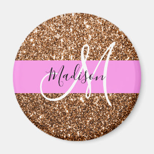 Glam Rosa och Bronze Glitter Sparkles Monogram Nam Magnet