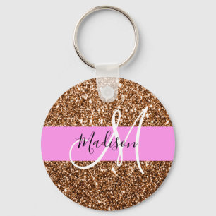Glam Rosa och Bronze Glitter Sparkles Monogram Nam Nyckelring