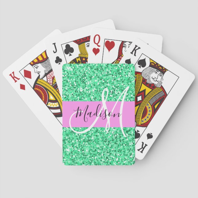 Glam rosa och grön glittergnist Glitter Monogramna Casinokort (Baksidan)