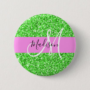 Glam Rosa och Grönt Glitter Sparkles Monogram Nam Knapp